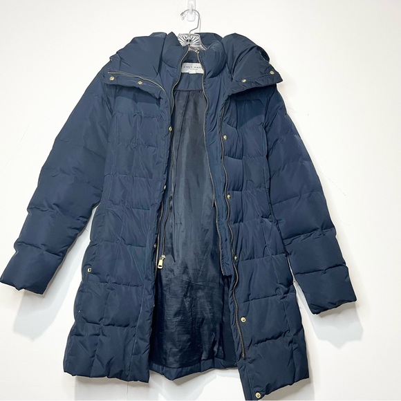 Cole Haan Women's 40" Signature Hooded Taffeta Down Coat Sz S Elastic Waist Navy - Picture 5 of 15